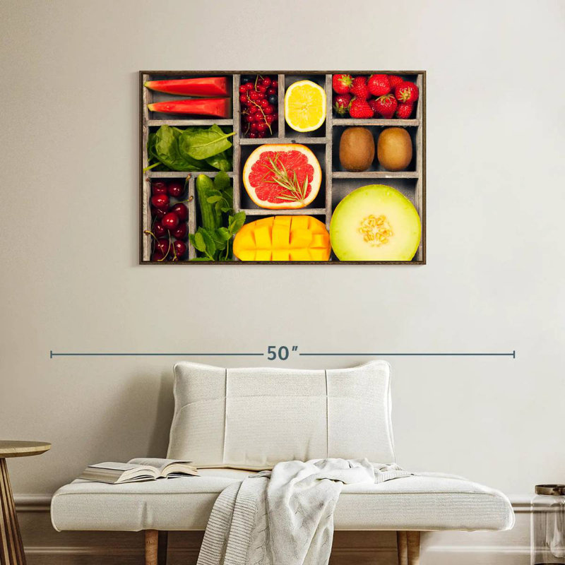 Bento légumes et fruits, 37 po x 25 po, Cadre flottant en noyer