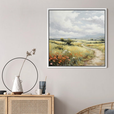 "Vintage Misty Path, paysage champêtre avec des illustrations florales de nature rustique, campagne française"