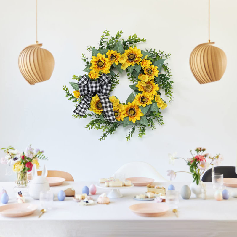 Couronne de printemps de 18 pouces, décor de porte d'entrée campagnard à motif de carreaux