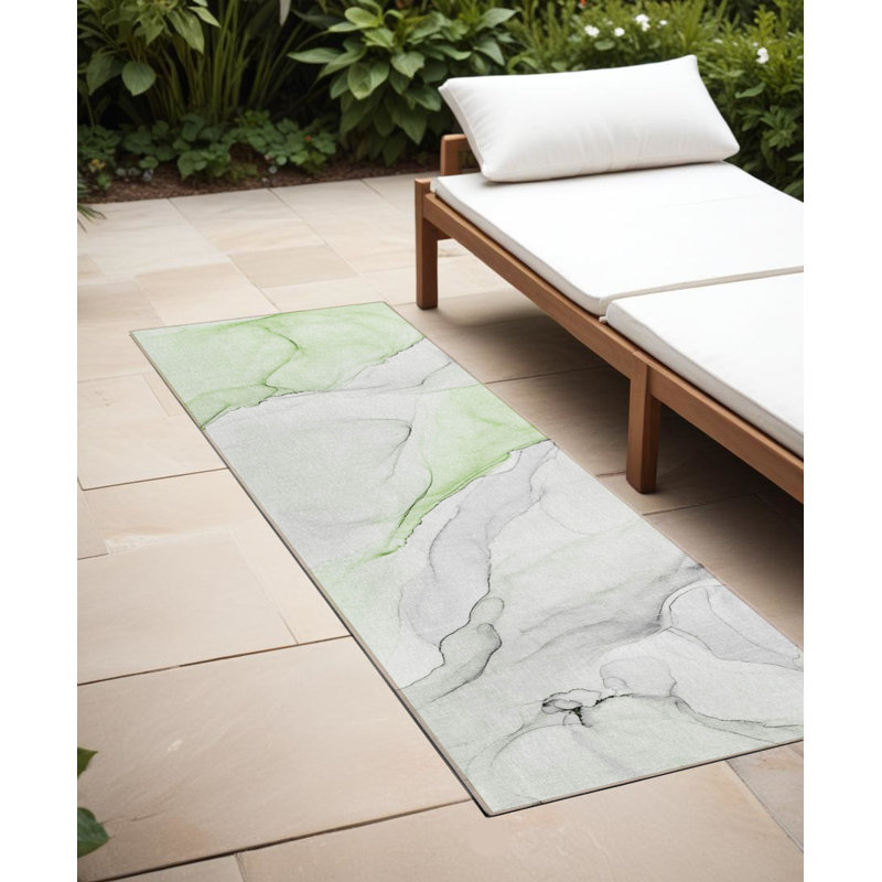 2' X 8' Green Abstract Washable Indoor Outdoor Runner Rug