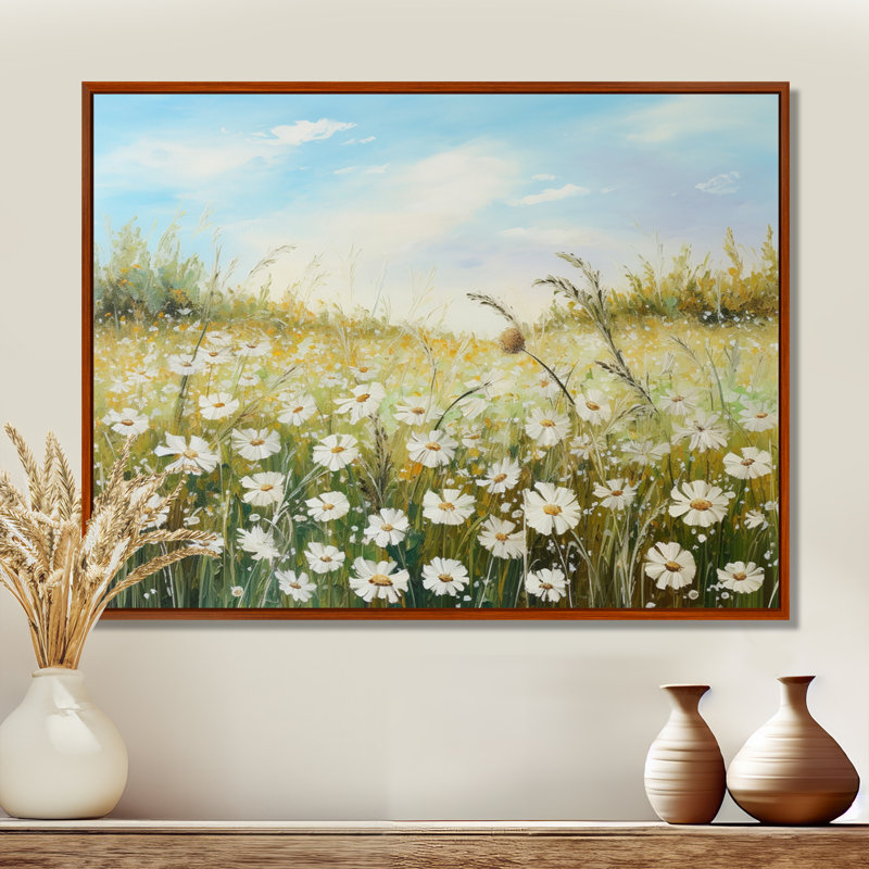 Champ de fleurs marguerites au soleil, H 16 po x l 32 po x P 1 po, Cadre flottant brun