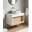 Meuble-lavabo flottant de 30 po avec lavabo vasque en marbre veiné gris, meuble-lavabo mural avec tablette ouverte, finition blanche avec décor en bois, conception moderne peu encombrante (livré en 2 boîtes)