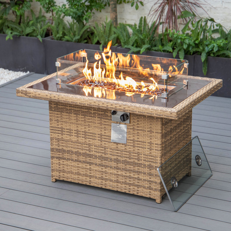 Nashia 44" Rectangular Propane Fire Pit Table - 55,000 BTU Outdoor Gas Fireplace - Wicker Frame, Glass Shield & Matching Lid