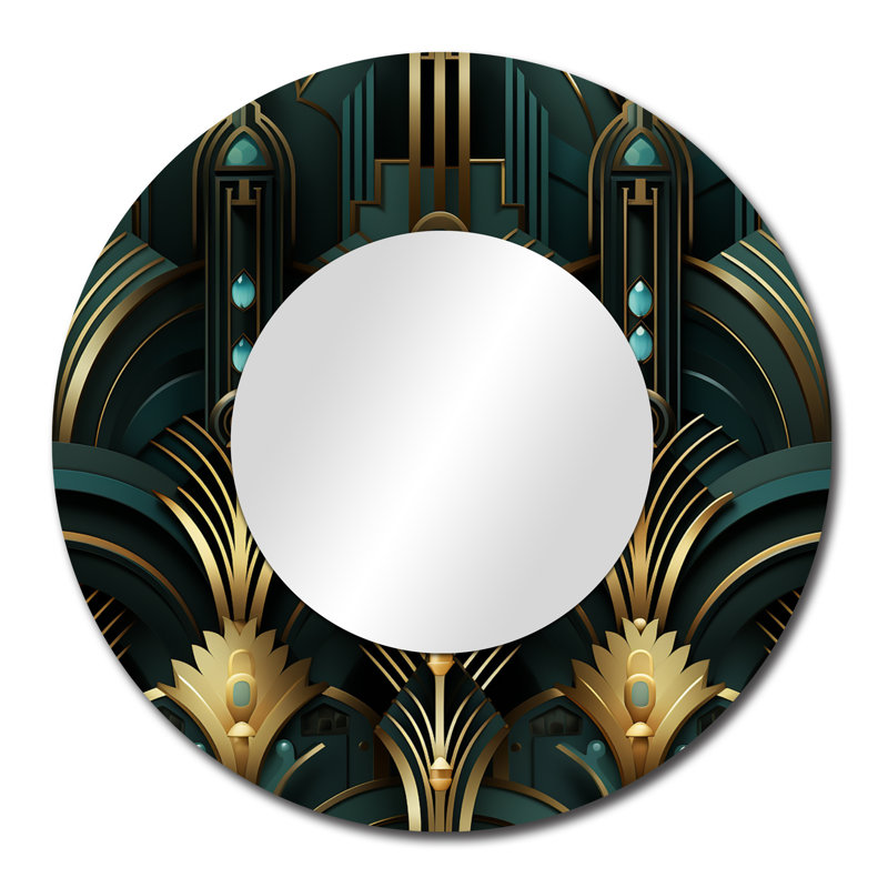 Gold And Green Art Deco Opulence - damask  Decorative Mirror, Boho Round Wall Mirror, Printed Metal Art, 29" x 29"