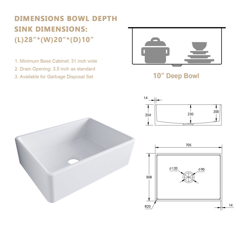 28'' L x 20'' W Ceramic Single Bowl Farmhouse Kitchen Sink with Sink Grid and Basket Strainer