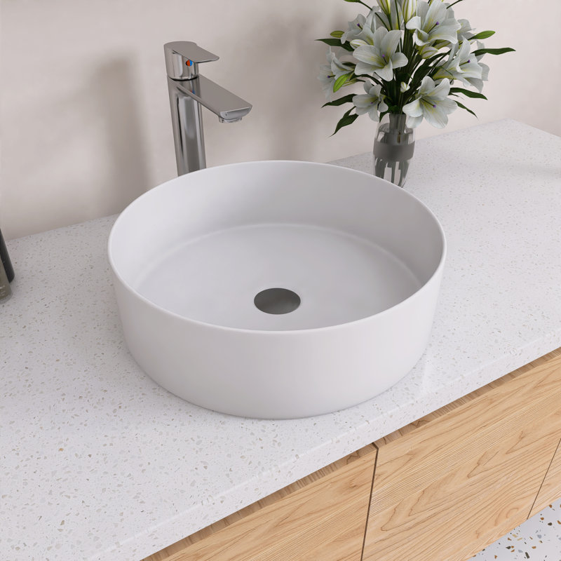 16" Ceramic Vessel Bathroom Sink, Gloss White