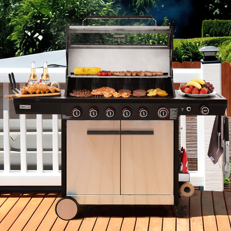 Royal Gourmet 6-Burner Gas Grill with Side Burner, Silver & Black