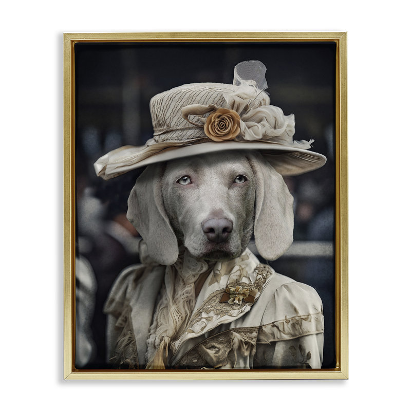 «Dog with Floral Hat» par Karen Burke, Cadre flottant métallique doré, H 31 po x l 25 po x P 1,7 po