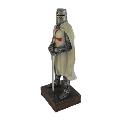 Shelf, desk or mantel decor with painted resin medieval Templar knight holding sword and red cross — 10" H x 3" L x 3.5" W