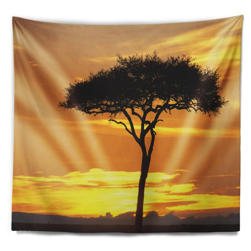 Magnifique coucher de soleil à travers une tapisserie d'arbre d'acacia, H 68 po x l 80 po