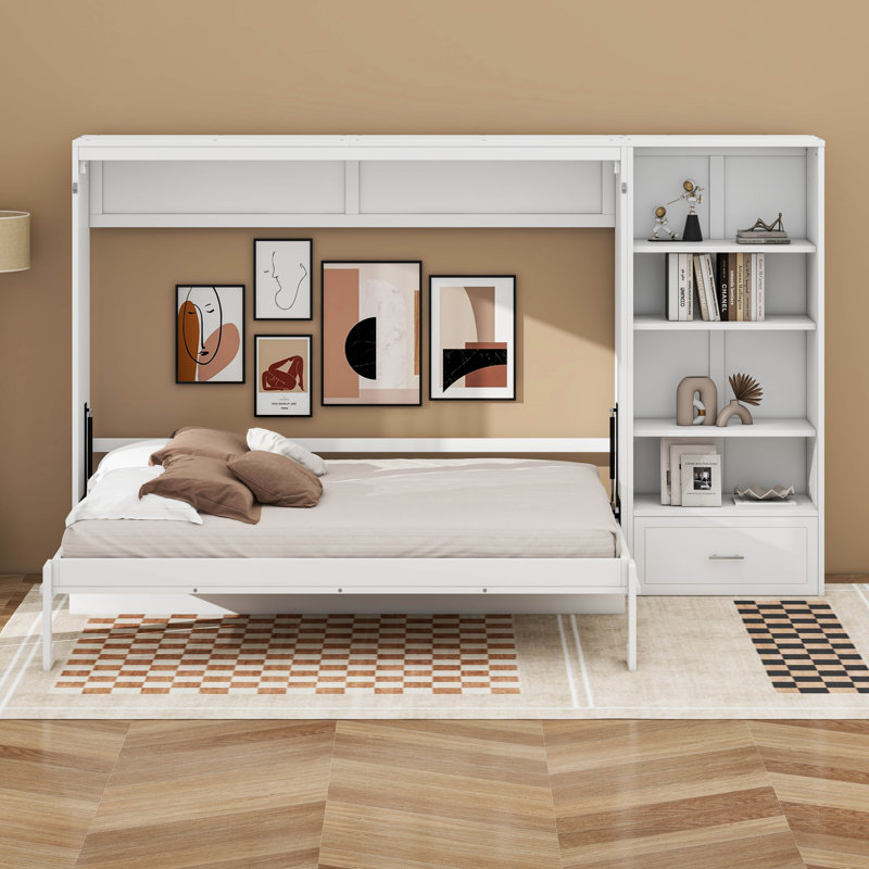Grand lit escamotable avec rangement réglable, cadre de lit mural avec 4 compartiments, 1 grand tiroir, lit plateforme pliable