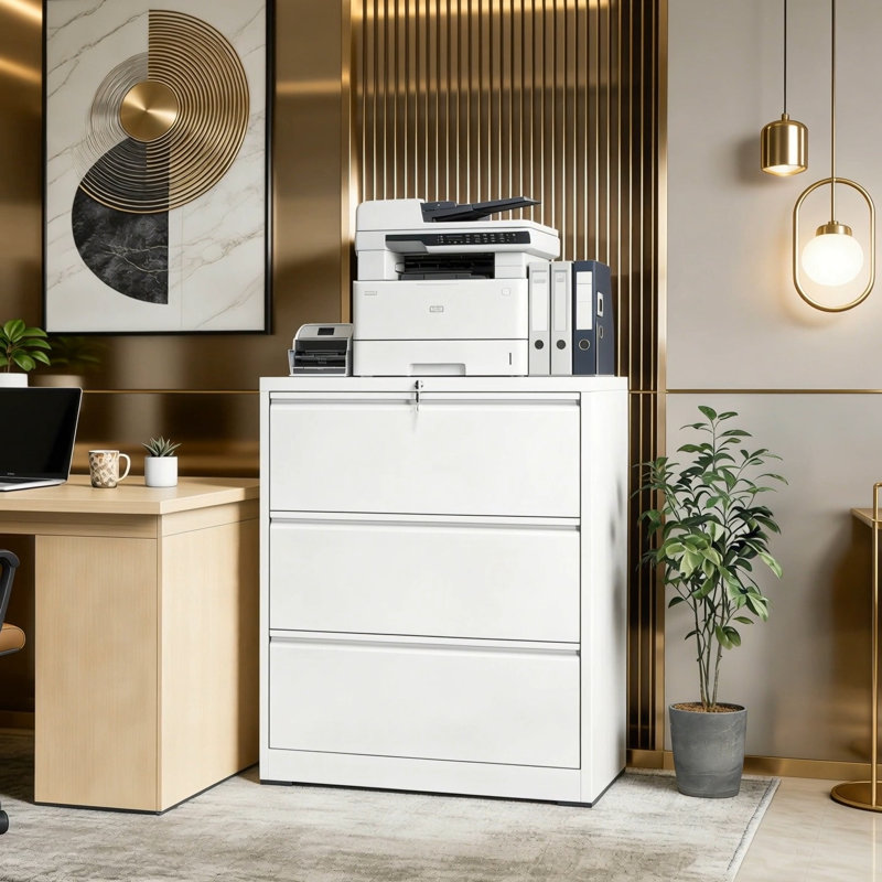 3 Drawer Lateral File Cabinet, 35.4 Inch Wide Metal Filing Cabinet, Locking Heavy Duty File Cabinet For Home Office, Anti-Tip Safety Interlock, Vertical Storage For Letter/Legal/A4 Files
