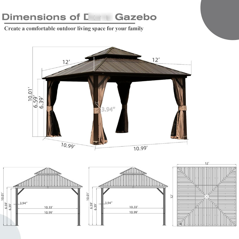Spacious 12X12ft Gazebo With Galvanized Steel Roof And Aluminum, For Memorable Outdoor Gatherings - Brown 12' X Aluminum Steel, Ensuring Durability Stability