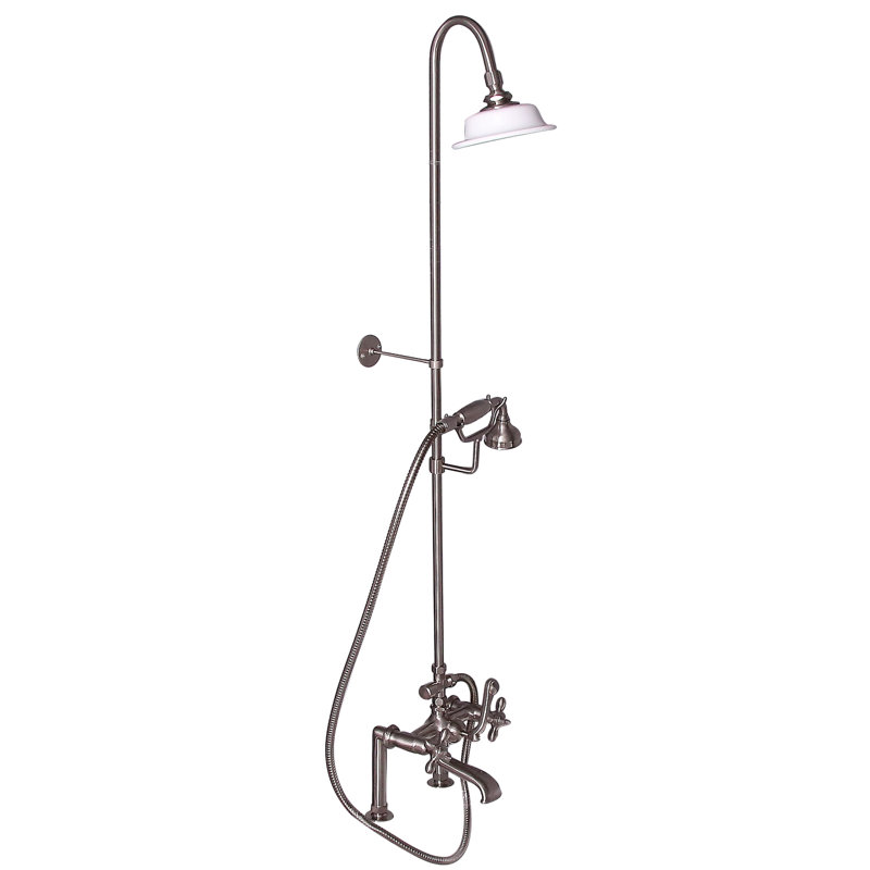 Garniture de robinet de baignoire sur pattes à trois poignées avec inverseur et douchette, Nickel brossé, Levier