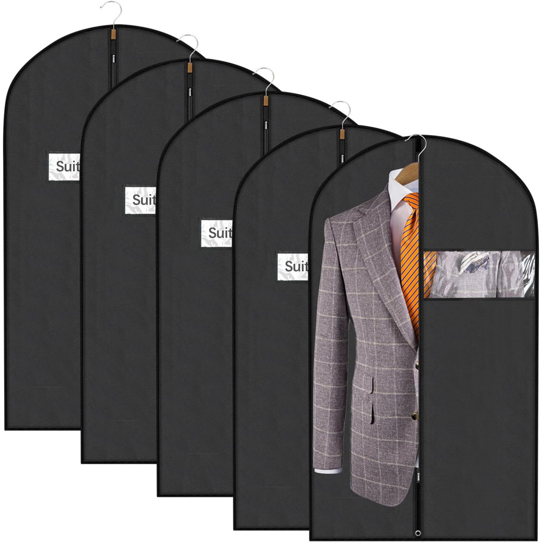 Black Garment Bags, Suit Bags For Travel, Garment Covers For Hanging Clothes, Nonwoven Breathable Clothing Protectors With Zipper For Closet Storage (