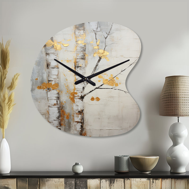 Tree Whispers Of Gray & Yellow III - Horloge murale traditionnelle en métal à forme unique, impression d'horloge asymétrique