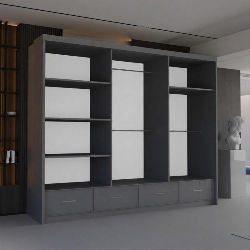 Bahos 3 Door Manufactured Wood Wardrobe, Grey, 220cm H x 255cm W x 66cm D