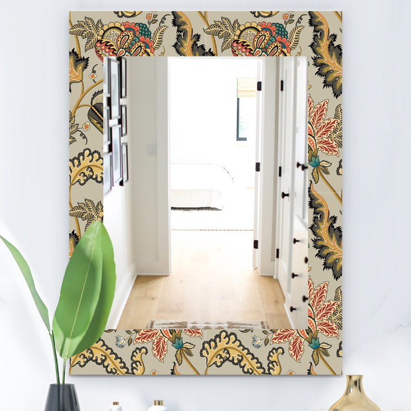Miroir de salle de bain éclectique à motif floral indien rétro, H 24 po x l 32 po