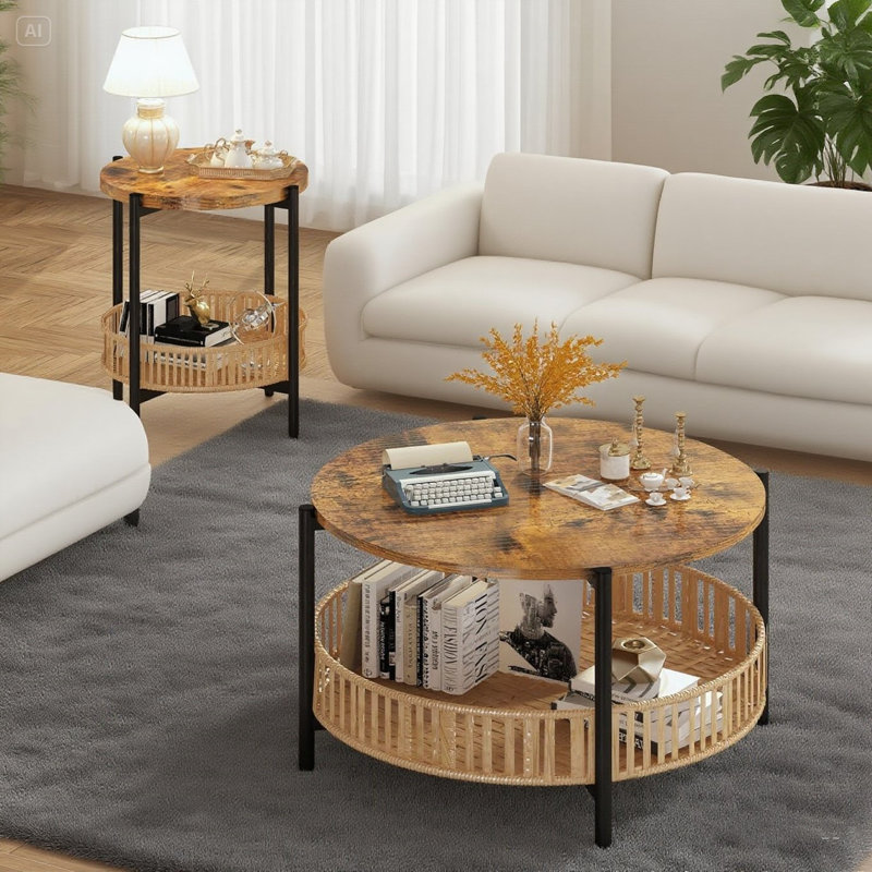 Boho Living Room Table Set With Rattan Storage Shelf And Metal Frame, Round Coffee Table And 2 End Side Tables