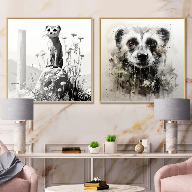 «Grey Meadow», ensemble de 2 reproductions d'art sur toile Meercat I, Cadre flottant brun, H 30 po x l 61 po x P 1 po