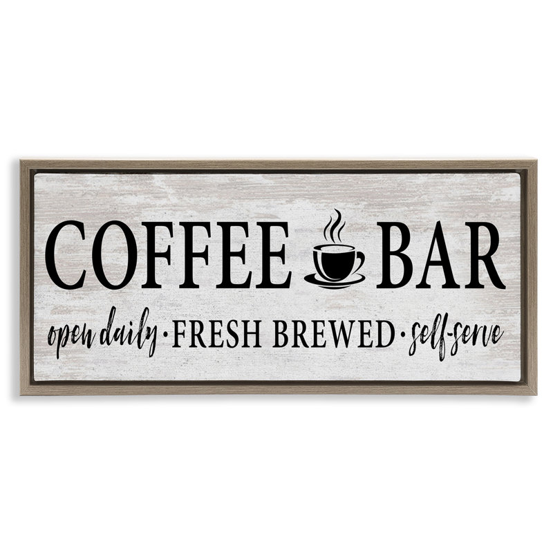 «Coffee Bar», impression rustique encadrée sur toile flottante à grain brun par lettré et doublé, H 11 po x l 25 po