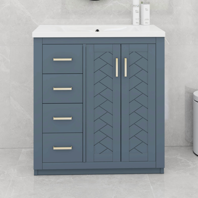 Meuble-lavabo 36 po avec lavabo en céramique: armoire de rangement moderne en bois massif avec 3 tiroirs, Bleu