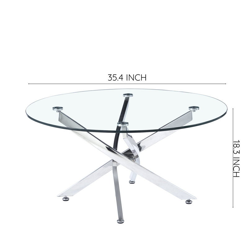Landgraf Glass Top Round Coffee Table,Cocktail Table,Glass End Table, 17.7" H x 35.4" L x 35.4" W, Silver