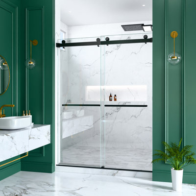 Porte de douche coulissante double sans cadre l 56 à 60 po x H 80 po, verre trempé transparent 3/8 po (10 mm) avec système coulissant lisse