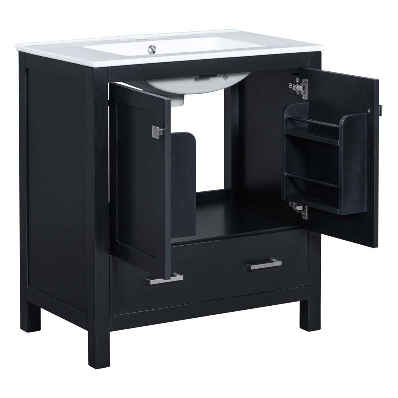 Meuble-lavabo avec lavabo simple, 2 portes à fermeture douce et 1 tiroir, Noir