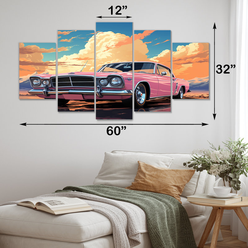«Pink Cadillac Car At Sunset II - Car Muscle Car Multipanel», ensemble d'art mural