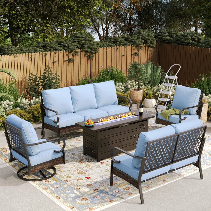 7 Person Outdoor Conversation Set With Swivel Lounge Chairs, Loveseat & Fire Pit Table, Black/Blue/Black