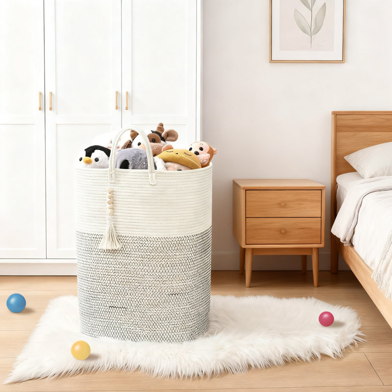 Woven Laundry Basket With Wooden Bead Tassel, Large Capacity Foldable Storage Hamper For Clothes, Toys, And Blankets, Breathable Cotton For Bedroom And Nursery Organization