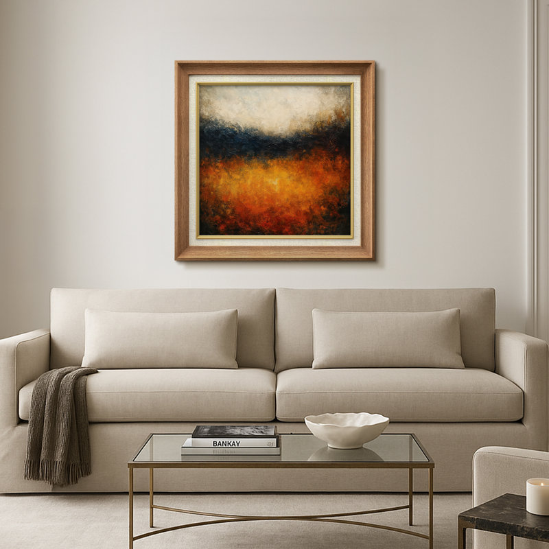 «Bold Warm Sunset Abstract in Fiery Tones», reproduction d'art encadrée sur papier, Cadre naturel de qualité supérieure