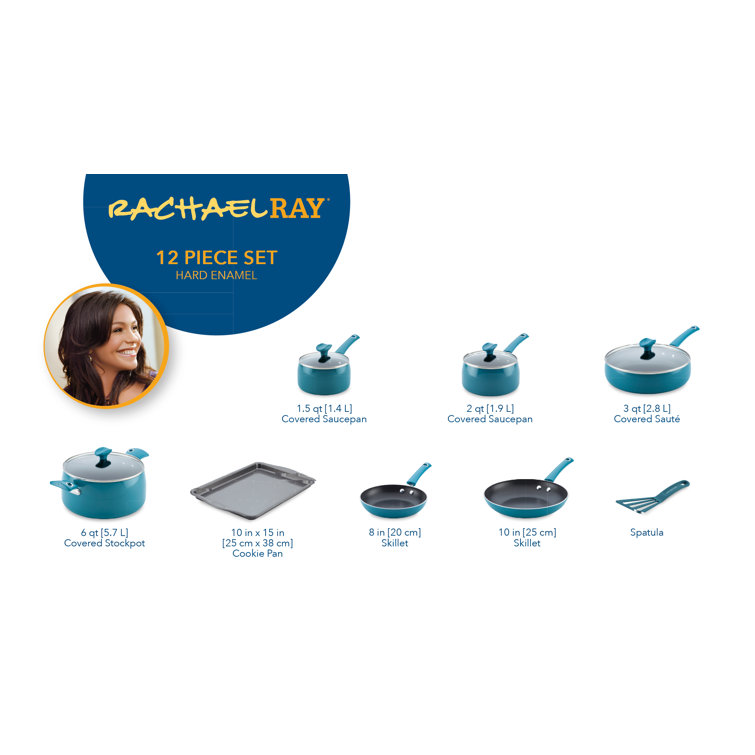 Rachael Ray Cityscapes Porcelain Enamel Nonstick Cookware Set, Turquoise,  12-Piece