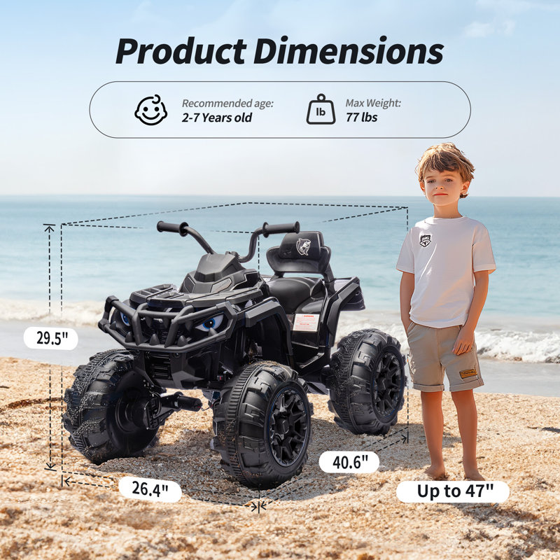 Shark Kids ATV 4-Wheeler, 24 Volt 4WD Ride on Toy for Big Kid w/Bluetooth, 4x200W Motor, 5.6Mph Max Speed, Black
