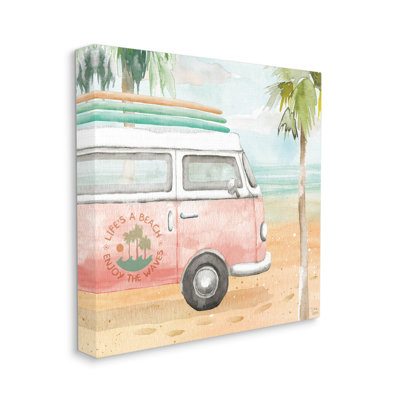 " Life's A Beach Pink Surf Van " by Dina June Painting Print
