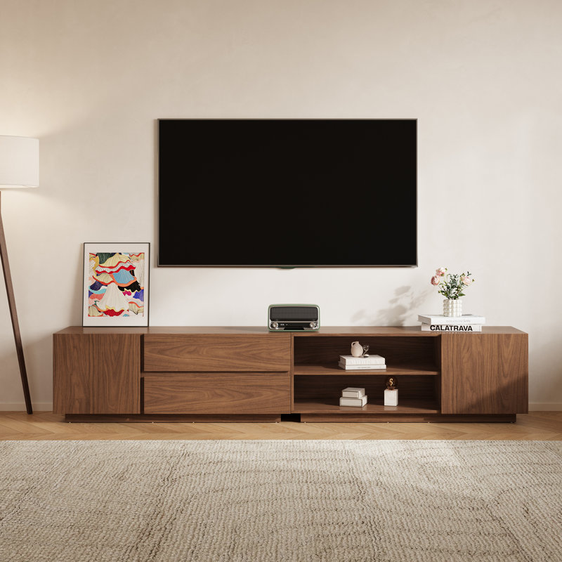 Meuble télé 94 po Mid-Century, console multimédia en bois brun pour le salon avec gestion des câbles, 2 tiroirs