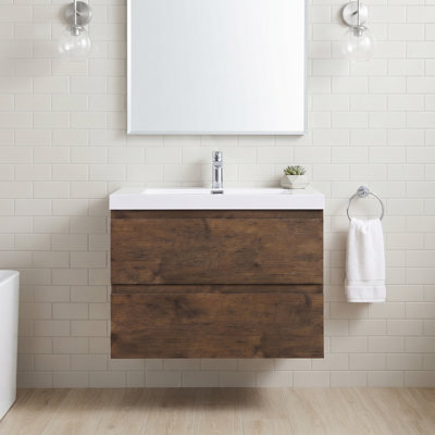 Meuble-lavabo suspendu de 76 cm (30 po) en mélamine en bois avec fermeture amortie et résistance à l'eau, lavabo intégré en résine, entièrement préassemblé.