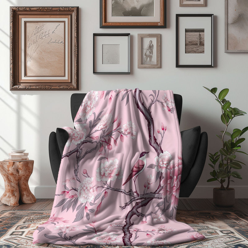 Jeté Blush Chinoiserie Delight - 1 pièce Sherpa Premium, Grand lit