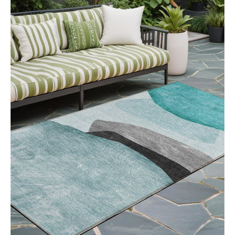 8' Runner Ivory Teal and Gray Abstract Washable Non Skid Indoor Outdoor Runner Rug