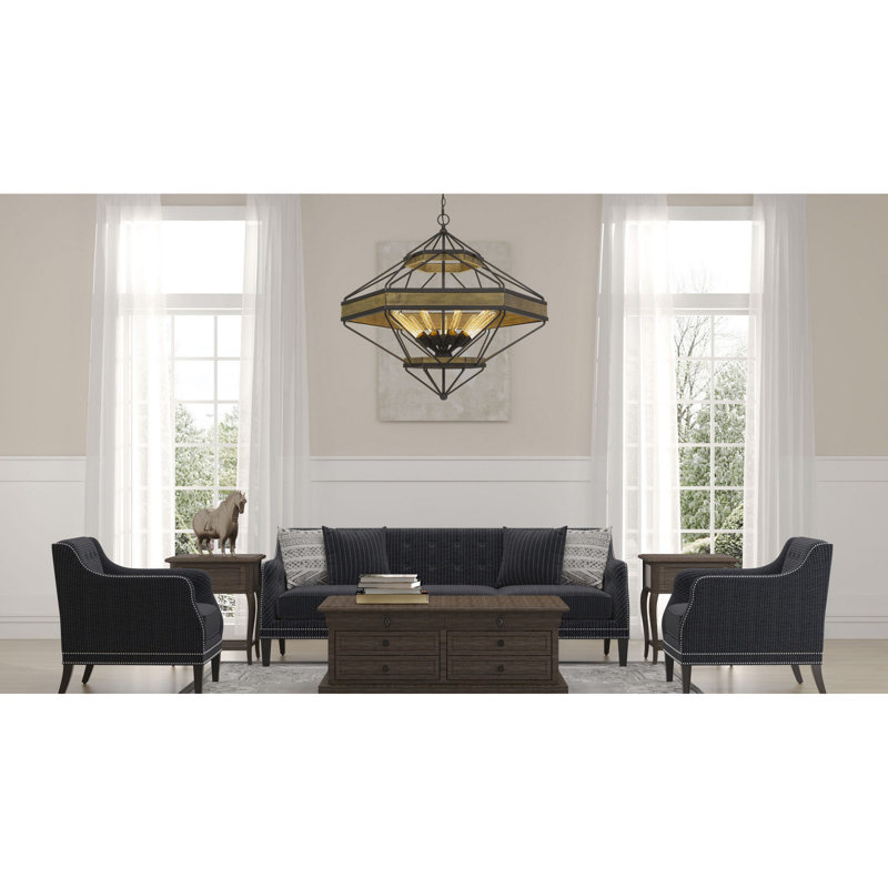 Lustre en bois et métal à neuf lumières, hauteur 85 cm, largeur 152 cm, 9 lampes, câblé