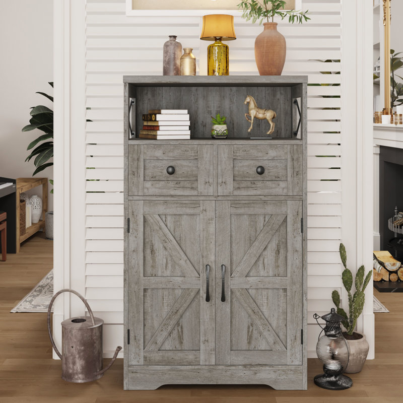 Storage Cabinet With Doors And Drawers, Washed Gray