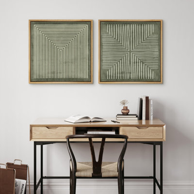Geometric Abstract Line Minimalist - Framed Canvas Master Bedroom Wall Art Work 2 Pieces Print