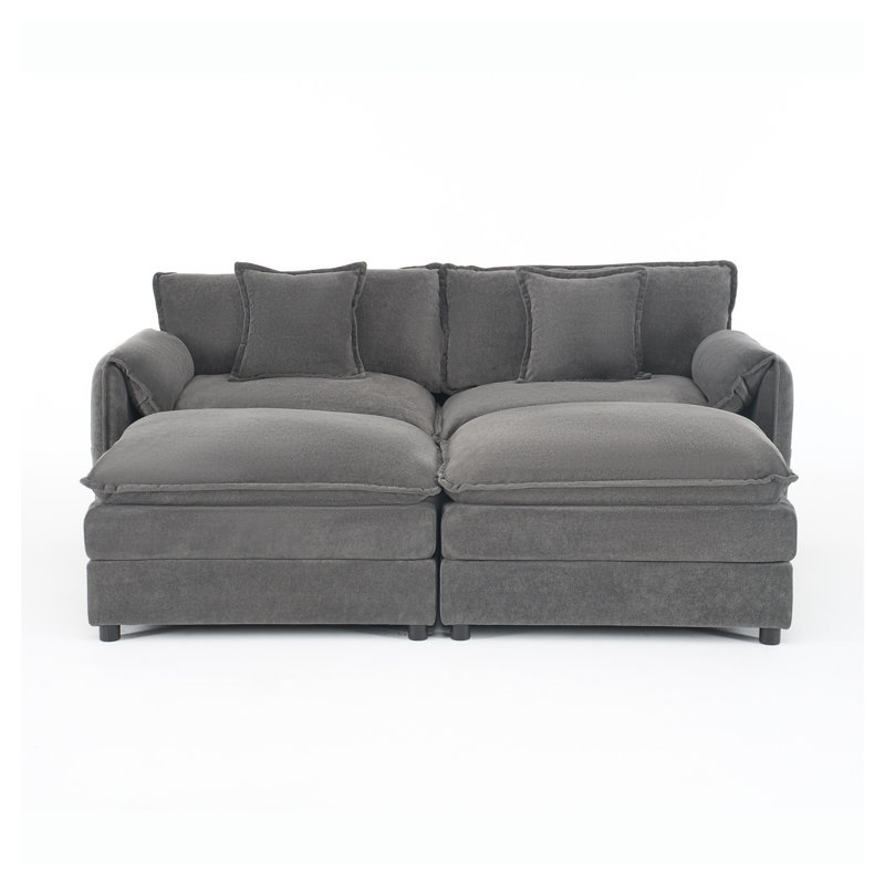Canapé modulaire en chenille gris avec 2 repose-pieds - Couchette profonde pour salon et appartement, Gris chenille