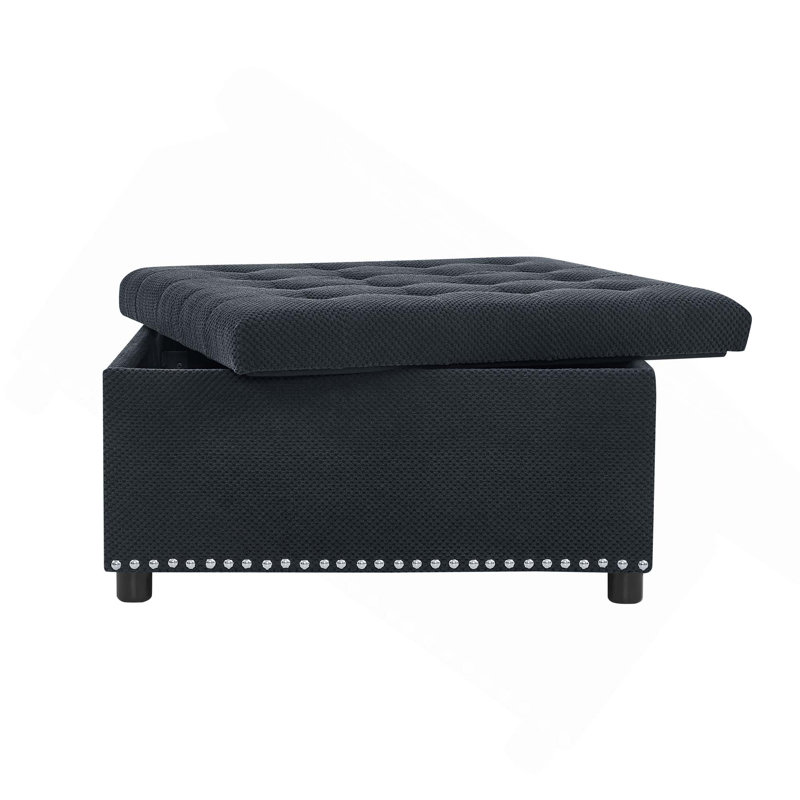 Repose-pieds capitonné avec rangement caché et garniture cloutée pour le salon, la chambre et la maison, Black