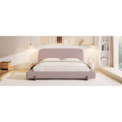 Structure de lit très grand en velours rose avec pieds en bois d'hévéa brun, côtés épais de 4 pouces, aspect élégant, stable et pour la chambre à coucher en velours, lit double, assemblage rapide et confortable