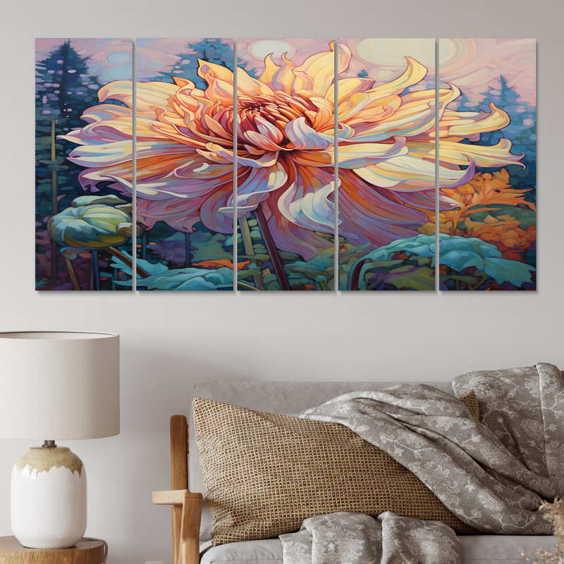 «Blossoming Pink Chrysanthemum In Lake Retro», reproduction d'art sur toile - 5 panneaux égaux
