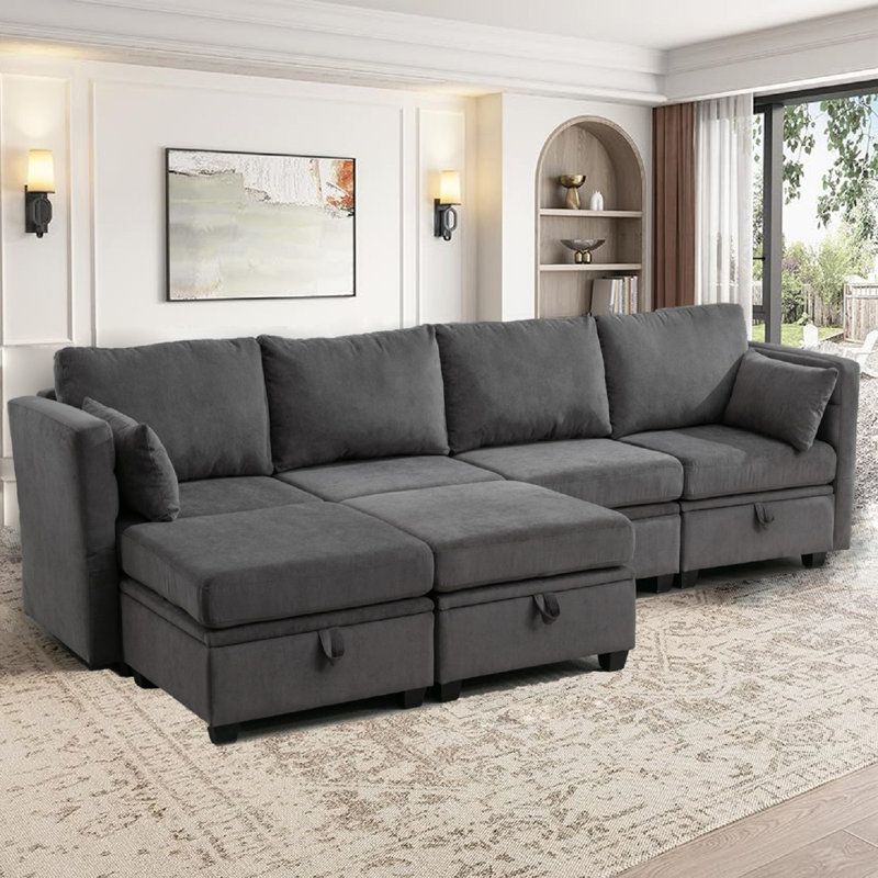 Hashim 6 - Piece Free Form Upholstered Convertible Modular Sofa Sectional with Storage, Dark Gray 100% Polyester