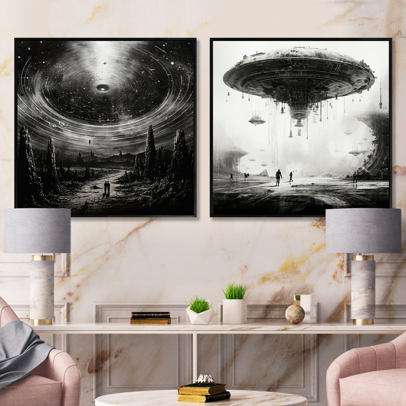 Minimalism Sci Fi Ufo - Fantasy & Sci-Fi Square Collage Set Of 2, Black Framed, 16" H x 33" W