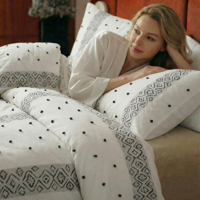 100% Cotton Duvet Cover Set Queen Size, Neutral Ivory Bedding with Ethnic Stripe, 3 Pieces Soft Breathable Boho Geometric Bed Set for All Seasons
